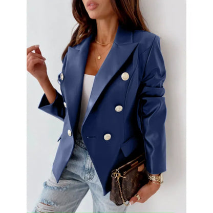 Women's Blazer – Double-Breasted – Tailored Fit – Faux Leather – Puff Shoulders