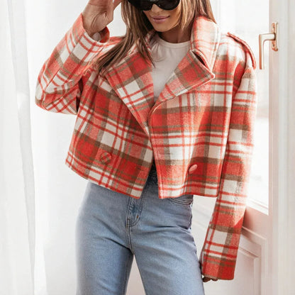 Women's Blazer – Tailored Fit – Wool Texture – Cropped – Checkered – Classic Lapel