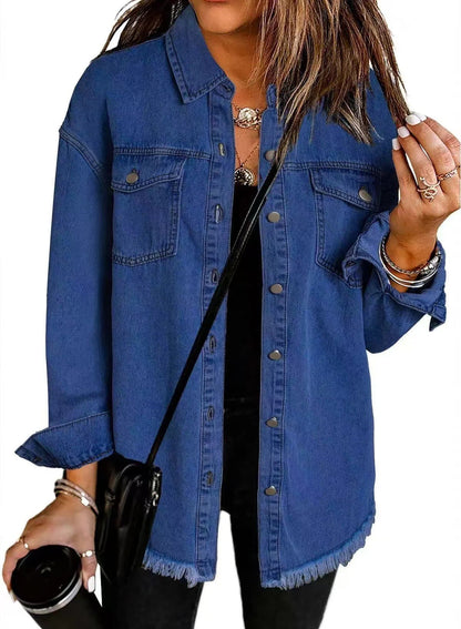 Women's Denim Jacket – Relaxed Fit – Button Closure – Fringed Edge – Casual Look