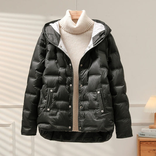 Women’s Jacket - Woven Synthetic - Quilted Puff - Attached Hood - Snap Button Closure