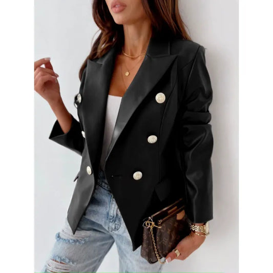 Women's Blazer – Double-Breasted – Tailored Fit – Faux Leather – Puff Shoulders