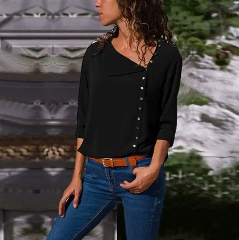 Women's Shirt Top – Loose Fit – Asymmetric Button Detail – Long Sleeves Casual