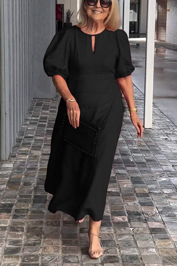 Women's Midi Dress – Loose Fit – Puff Sleeves – Round Neckline – Breathable Cotton