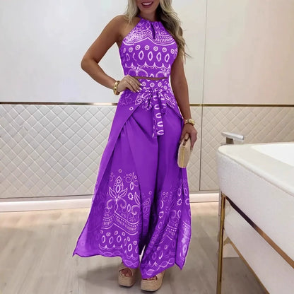 Women's Set – Halterneck Crop Top and Wide Pants – Retro Print – High Waist – Tie String