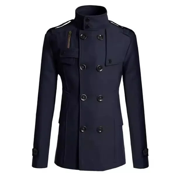 Men's Coat – Wool – Slim Fit – Mid-Length – Double-Breasted Military Style