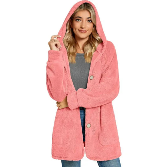 Women's cardigan with hood – Plush and soft – Oversized fit – Button closure – With pockets