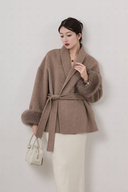 Women's Jacket – Short Wrap Fit – Wool Feel – Belt – Removable Fur Edges