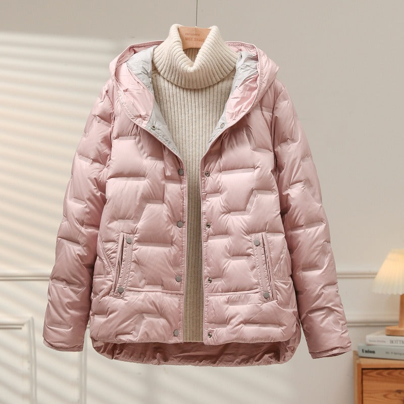 Women’s Jacket - Woven Synthetic - Quilted Puff - Attached Hood - Snap Button Closure
