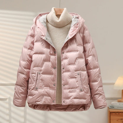 Women’s Jacket - Woven Synthetic - Quilted Puff - Attached Hood - Snap Button Closure