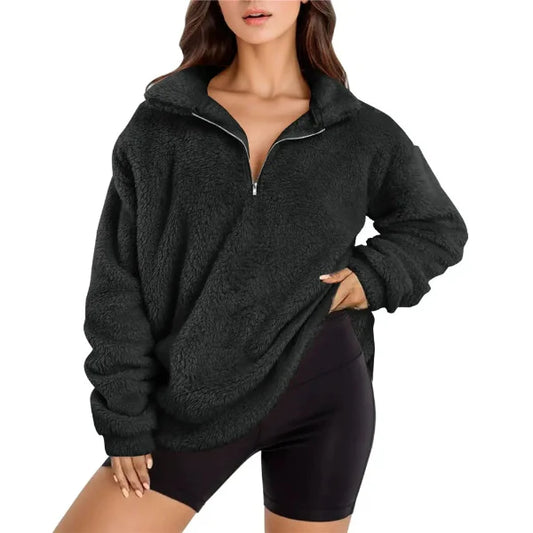 Women's Pullover – Oversize Fit – Fleece – Half Zip – High Collar – Long-Sleeved Casual