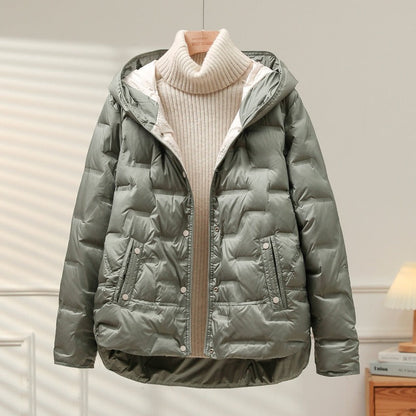 Women’s Jacket - Woven Synthetic - Quilted Puff - Attached Hood - Snap Button Closure