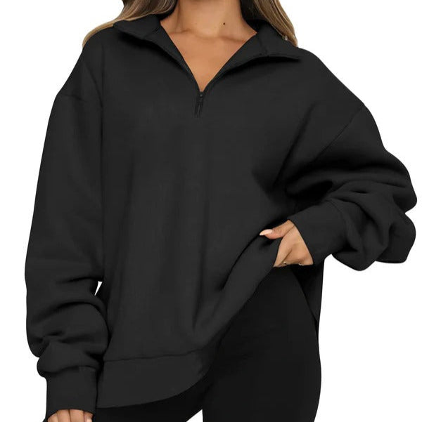 Women's Sweatshirt – Oversized Fit – High Collar – Short Zipper – Casual Look