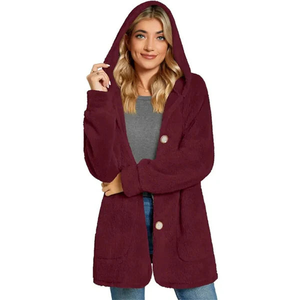 Women's cardigan with hood – Plush and soft – Oversized fit – Button closure – With pockets