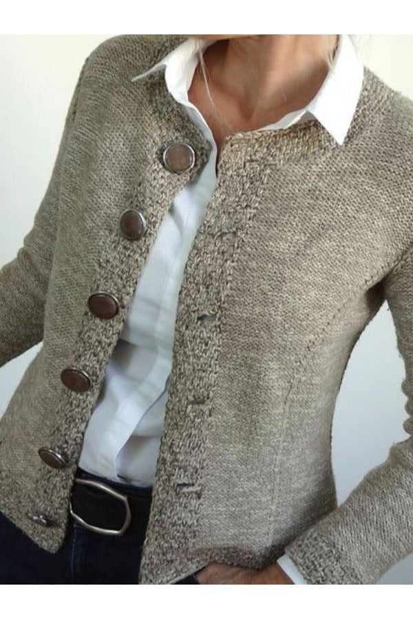 Women's Cardigan Sweater – Slim Fit – Wool Knit – Collarless – Long Sleeves – Button Closure