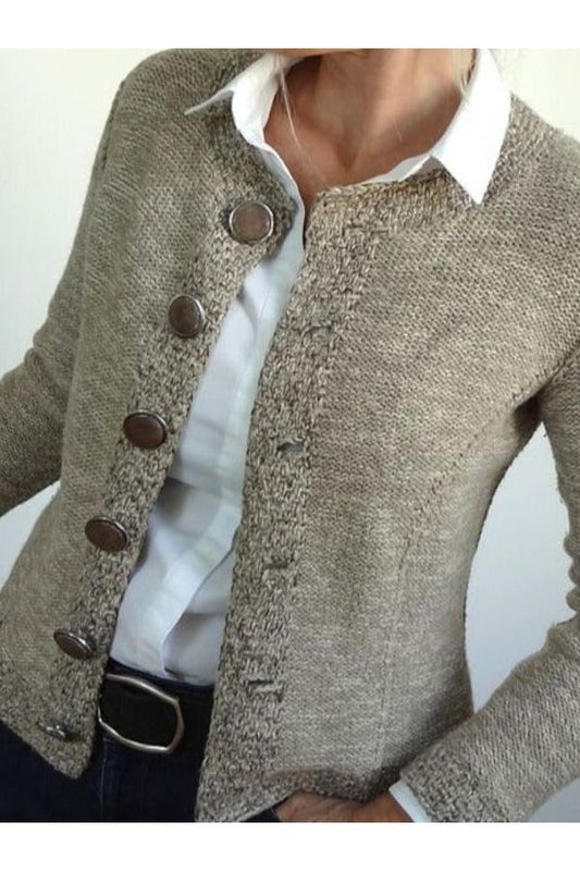 Women's Cardigan Sweater – Slim Fit – Wool Knit – Collarless – Long Sleeves – Button Closure