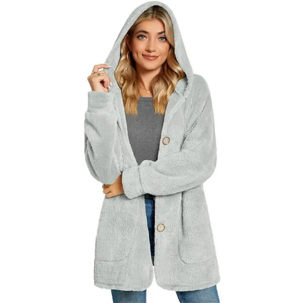 Women's cardigan with hood – Plush and soft – Oversized fit – Button closure – With pockets