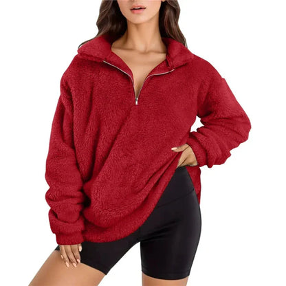 Women's Pullover – Oversize Fit – Fleece – Half Zip – High Collar – Long-Sleeved Casual