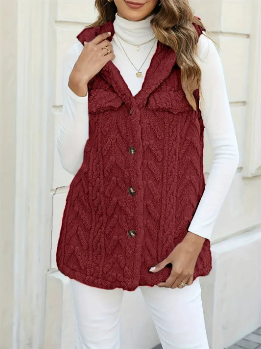 Women's Vest With Hood – Fuzzy Knit – Button Closure – Relaxed Fit – Chest Pockets