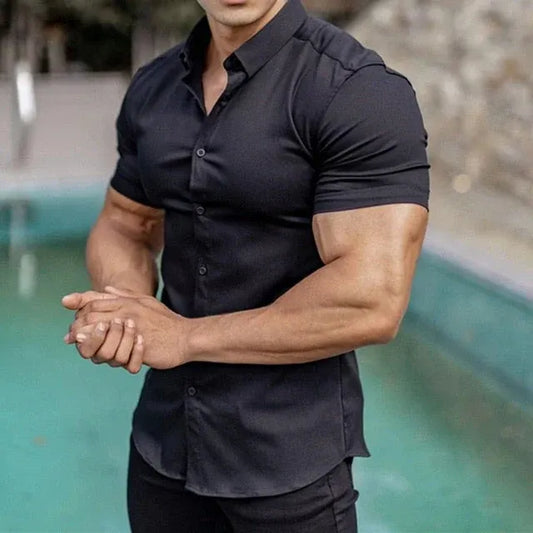 Men's Shirt with Short Sleeves – Slim Fit – Stretchable – Button Closure – Breathable