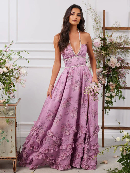 Dress for Women – Maxi Dress with Halterneck – A-line Cut – Floral Print and Pearl Belt