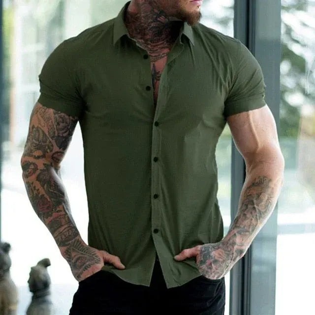 Men's Shirt with Short Sleeves – Slim Fit – Stretchable – Button Closure – Breathable