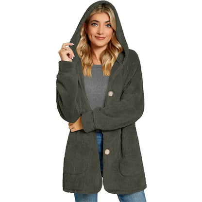 Women's cardigan with hood – Plush and soft – Oversized fit – Button closure – With pockets