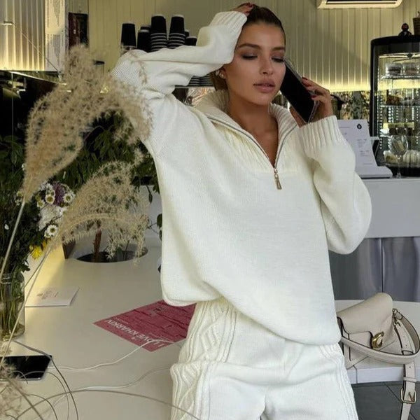 Women's Loungewear Set – Soft Knit – Oversized Fit – Quarter Zipper – Ribbed Edges