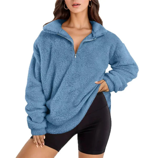 Women's Pullover – Oversize Fit – Fleece – Half Zip – High Collar – Long-Sleeved Casual