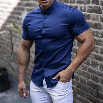 Men's Shirt with Short Sleeves – Slim Fit – Stretchable – Button Closure – Breathable