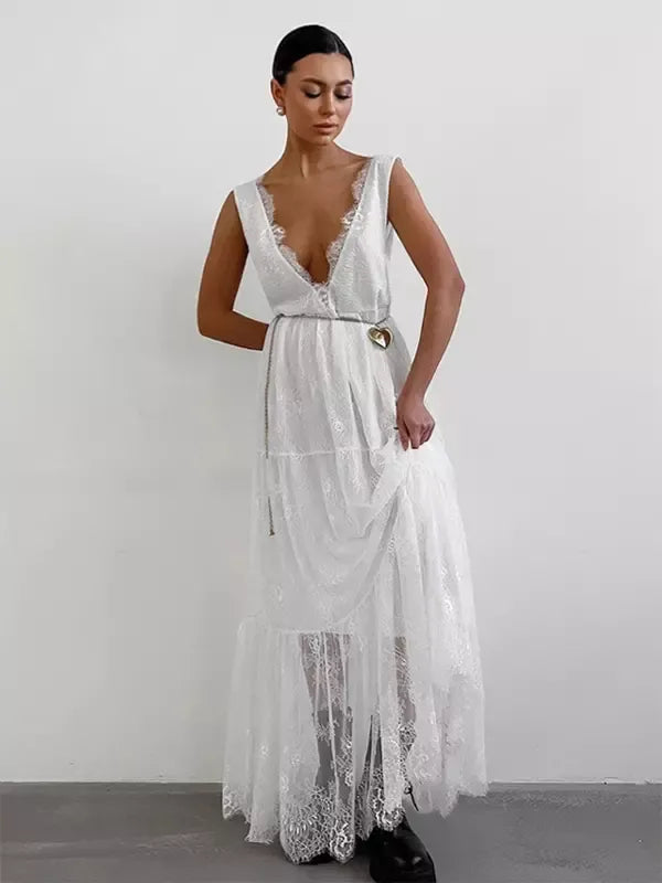 Dress for Women – Long with Lace – Deep V-Neck – Sleeveless Elegant Fit