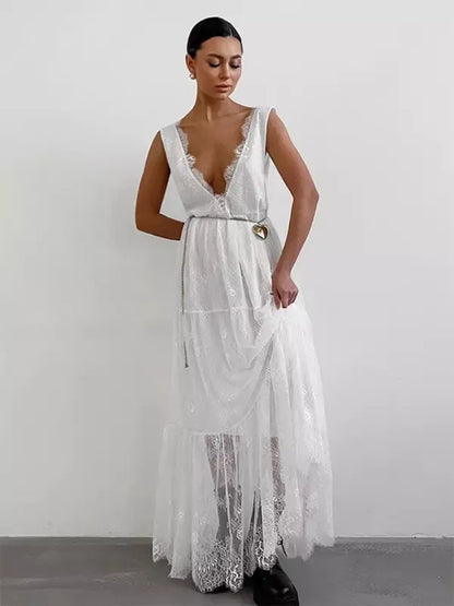 Dress for Women – Long with Lace – Deep V-Neck – Sleeveless Elegant Fit