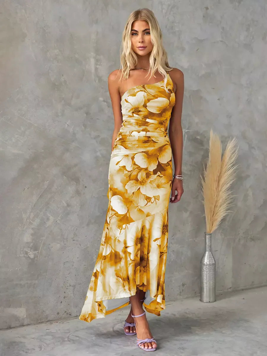 Women's Maxi Dress – One-Shoulder Design – Floral Print – Ruched Waist – Light and Elegant