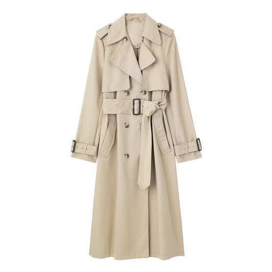 Women's Trench Coat – Slim Fit – Double Breasted – Belt – Epaulettes – Long Model