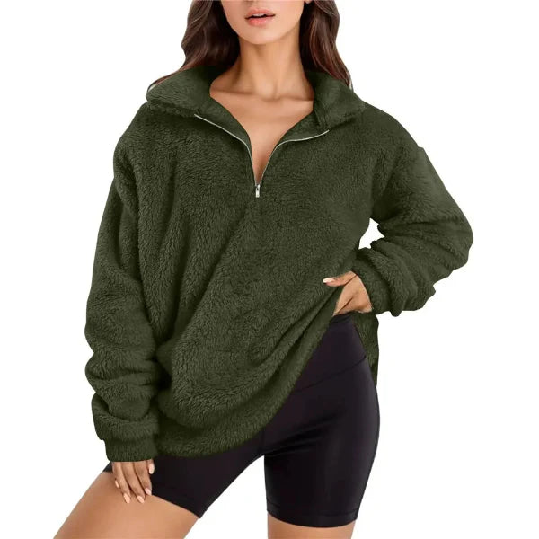 Women's Pullover – Oversize Fit – Fleece – Half Zip – High Collar – Long-Sleeved Casual