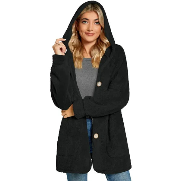 Women's cardigan with hood – Plush and soft – Oversized fit – Button closure – With pockets