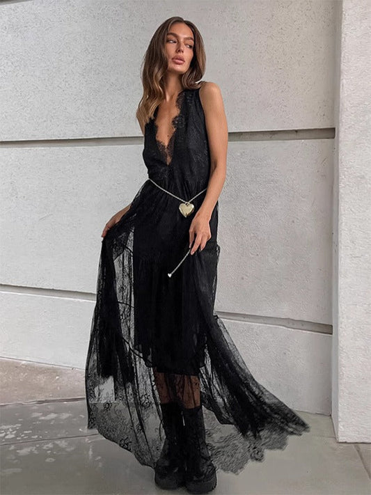 Dress for Women – Long with Lace – Deep V-Neck – Sleeveless Elegant Fit