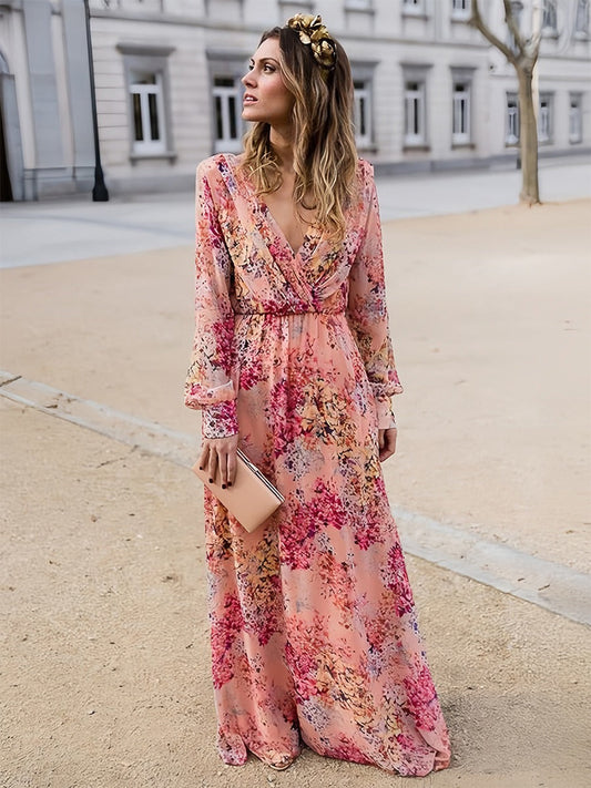 Dress for Women – Maxi Length – Relaxed Fit – Airy Fabric – Print – V-Neck – Long Sleeves