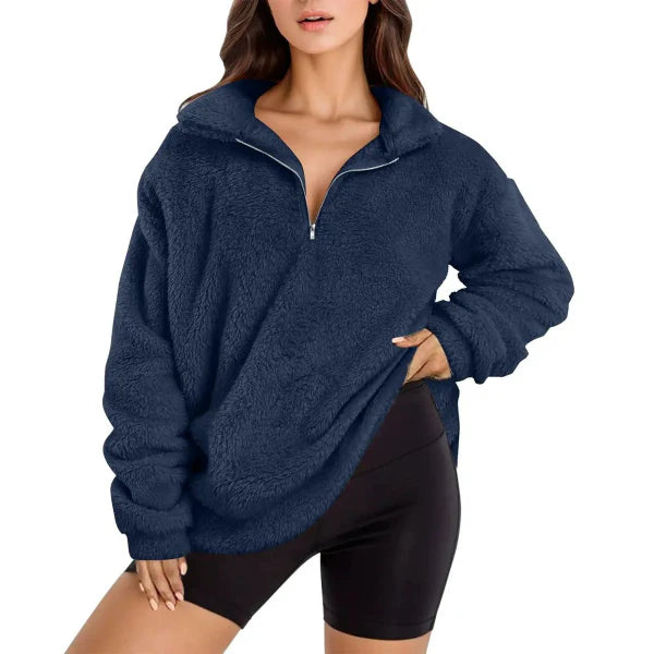 Women's Pullover – Oversize Fit – Fleece – Half Zip – High Collar – Long-Sleeved Casual