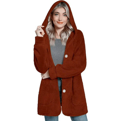 Women's cardigan with hood – Plush and soft – Oversized fit – Button closure – With pockets