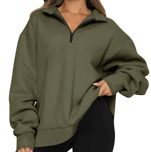 Women's Sweatshirt – Oversized Fit – High Collar – Short Zipper – Casual Look