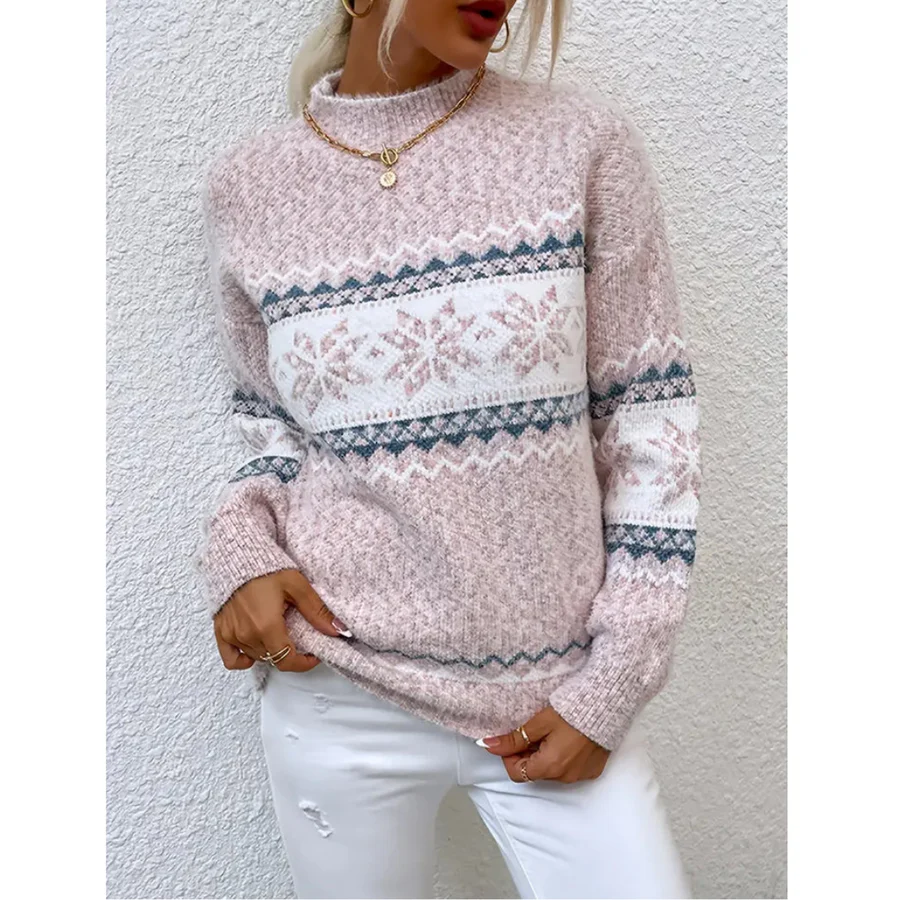 Women's Knit Sweater – Relaxed Fit – Wool Blend – Round Neck – Patterned Details