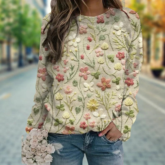 Women's Pullover Sweater – Relaxed Fit – Knit Texture – Embroidered Floral Design