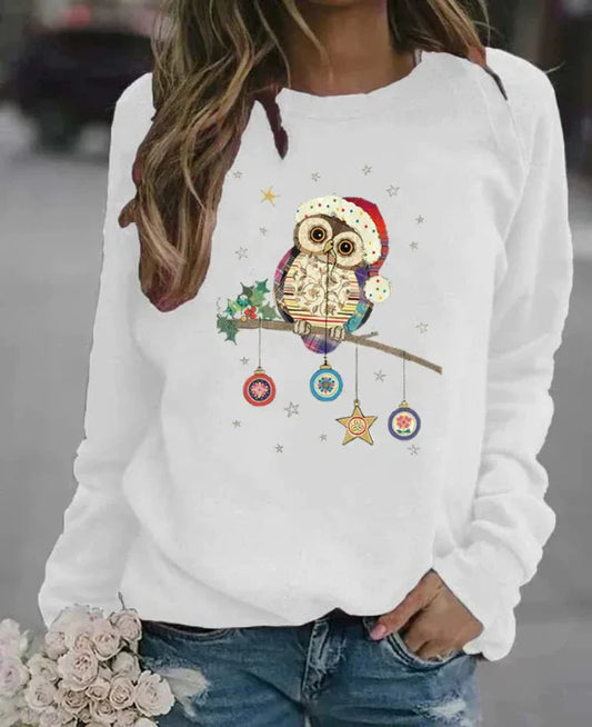 Women's sweatshirt – relaxed fit – soft cotton blend – owl Christmas motif