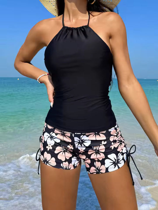 Women's Tankini Set – Halterneck – Backless Sleeveless Top – Floral Shorts with Drawstring