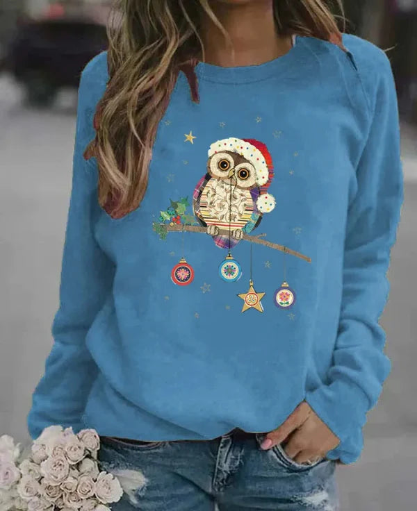 Women's sweatshirt – relaxed fit – soft cotton blend – owl Christmas motif