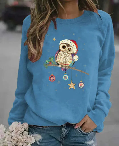 Women's sweatshirt – relaxed fit – soft cotton blend – owl Christmas motif
