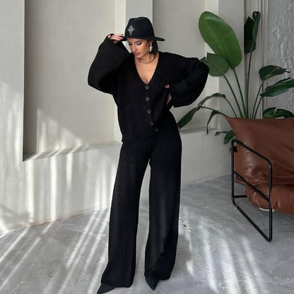 Women's Loungewear Set – Ribbed Knit – Oversized Fit – Button Closure – Wide Sleeves