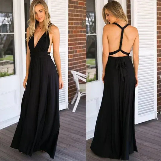 Dress for Women – Wrap Design – Deep V-Neck – Open Back – Floor Length – Stretch Fit