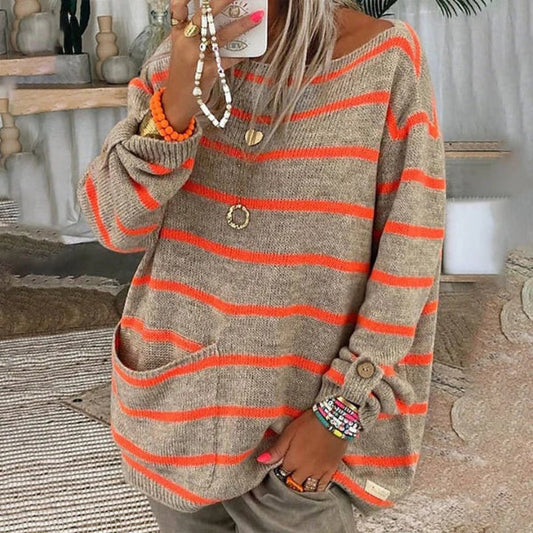 Women's Pullover – Oversized Fit – Knitted with Stripes – Long Sleeves with Buttons