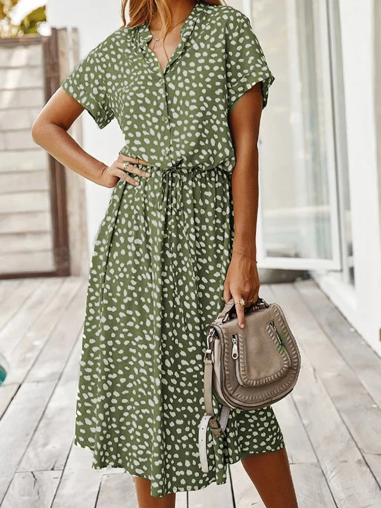 Dress for Women – Midi Length – Relaxed Fit – Button Closure – Tie Belt at Waist